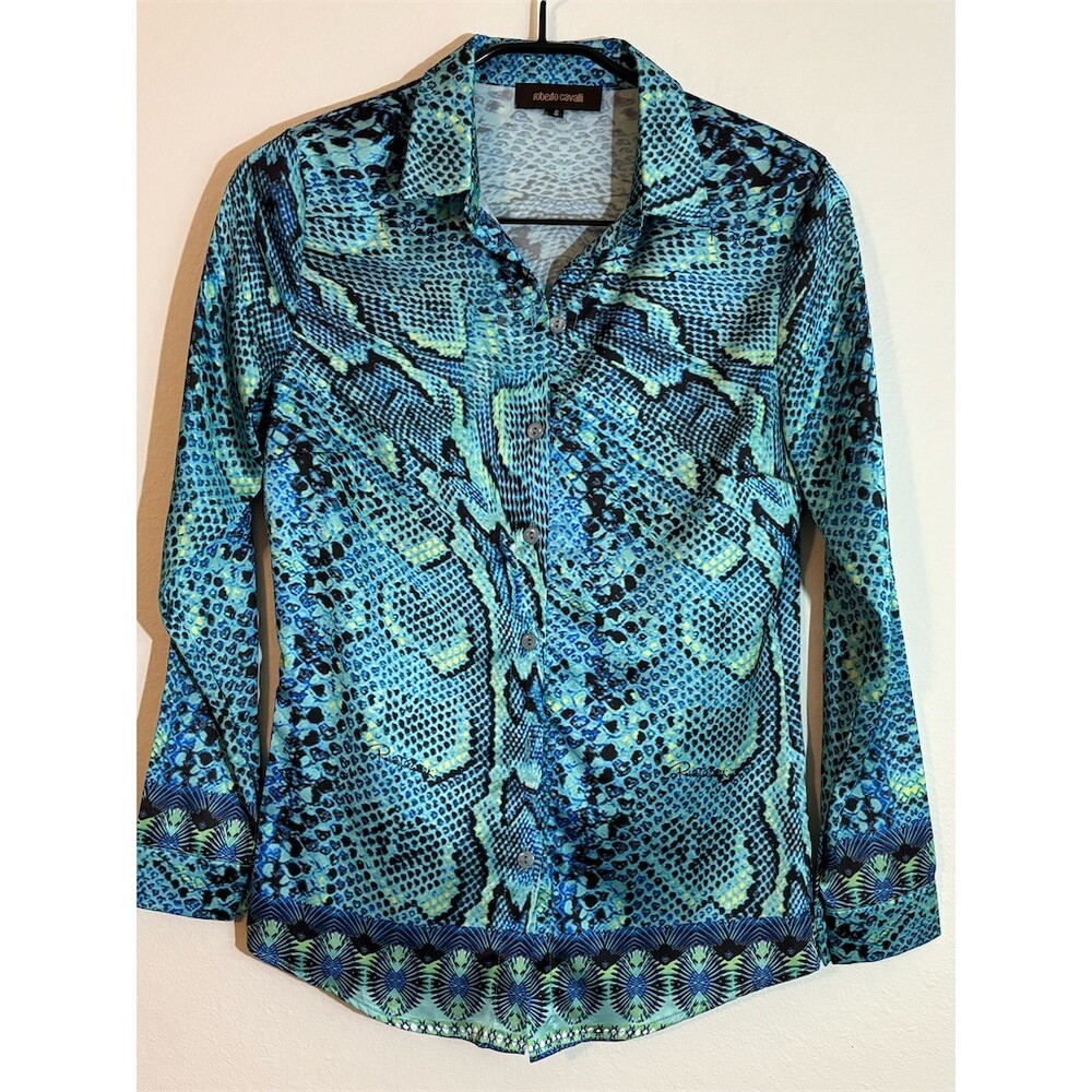 Vintage Rare Roberto Cavalli Button-Up Shirt Womens Size S Multicolor Snake